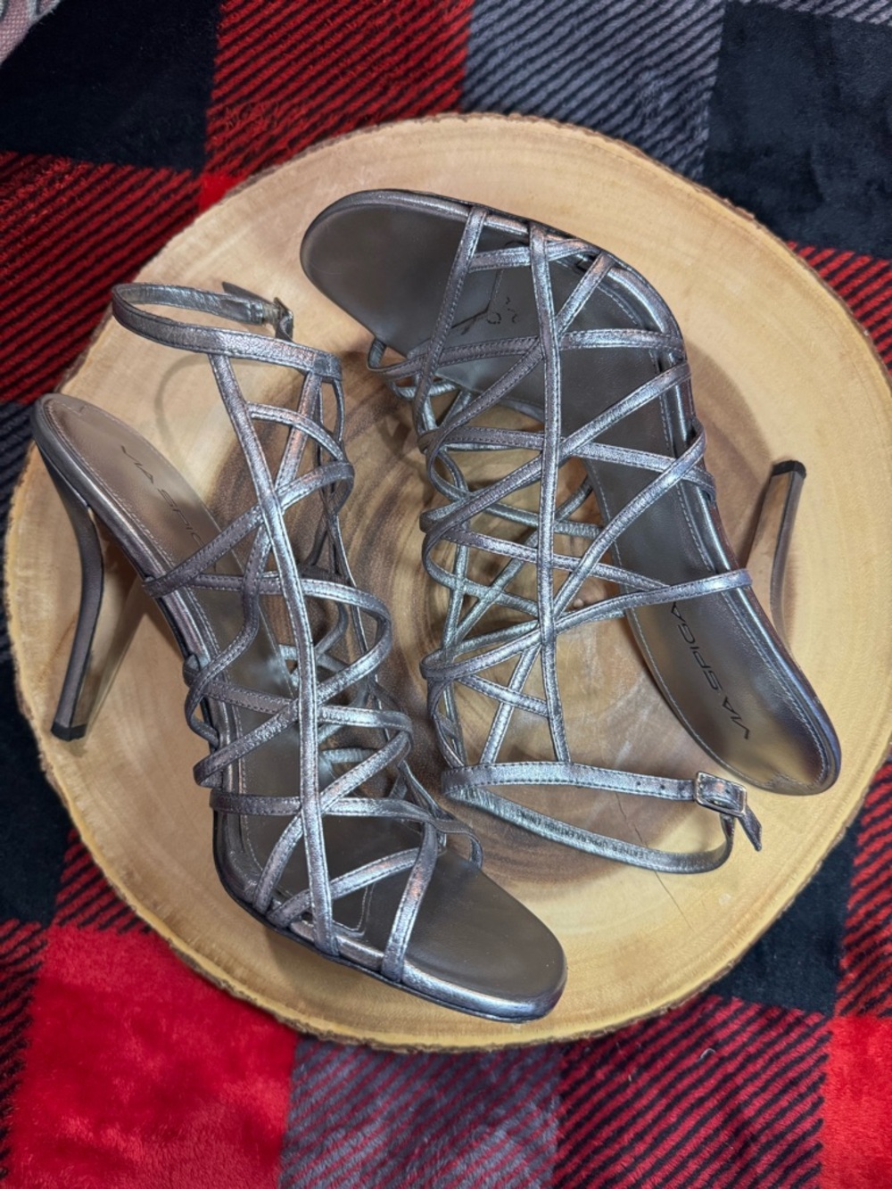 Via Spiga Metallic Silver Strappy Cage Heels